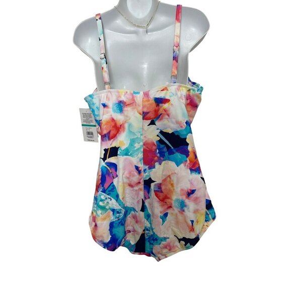 Maxine Shirred‎ Surplice One Piece Swimsuit Illusion Blossoms, Size 16 - Picture 3 of 14